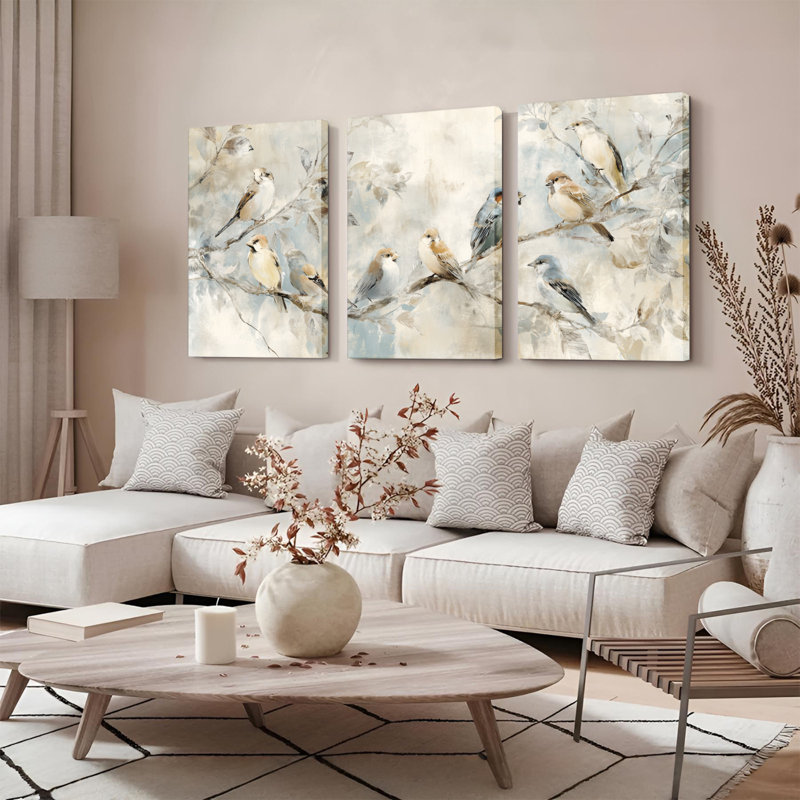 Ensemble de 3 tableaux muraux de style aquarelle « Oiseaux sur des branches » sur toile tendue, H 18 po x l 36 po