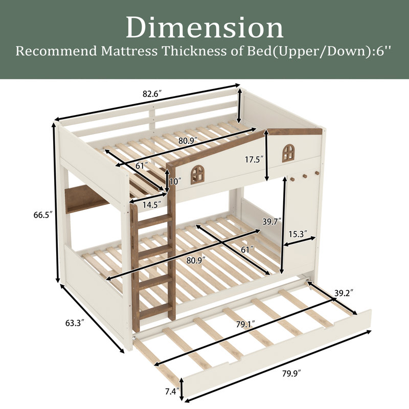 Bunk Bed With Trundle And Storage Shelves, Solid Wood Bunk Beds With Hooks, No Box Spring Needed, Queen Over Queen