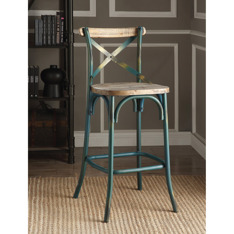 Tabouret de bar et de style turquoise antique de style rétro - soutien du haut du dossier, base stable à quatre pieds avec repose-pieds, siège en bois confortable pour le soutien de la salle à manger, invitant