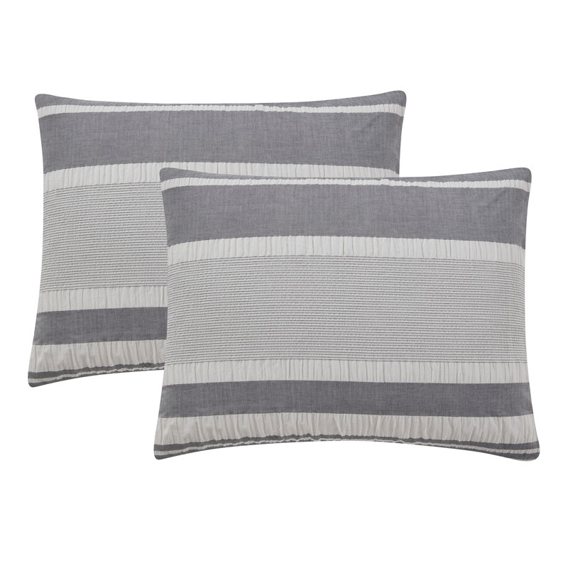 Ensemble d'édredon en coton tissé à rayures 3 pièces Ella, Gris anthracite, Édredon double / grand + 2 taies décoratives sta