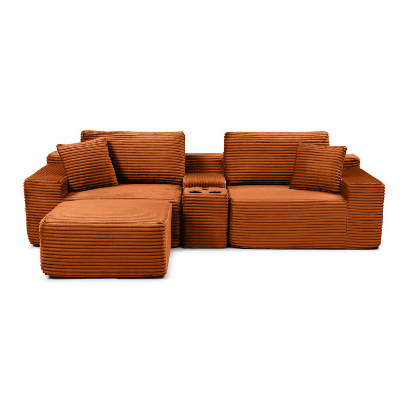 Modular Sectional Sofa, Deep Seat Corduroy Cloud Couch with Cup Holders, USB Ports & Storage Box, Sleeper Sofa Couch Boneless Couches With Movable Ottoman for Living Room, No Assembly Required