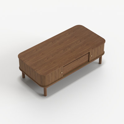 47.2" Mid-Century Modern Oval-Corner Coffee Table with Sliding Tambour Doors and Center Drawer - Walnut
