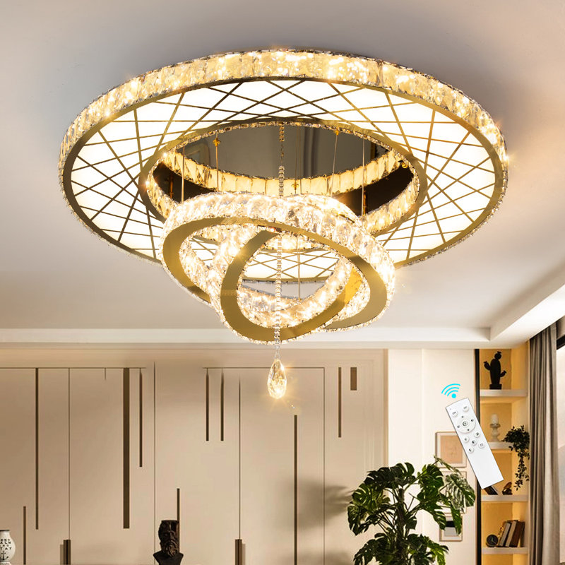 Luxurious Gold Crystal Large Flush Mount Chandelier with Remote
