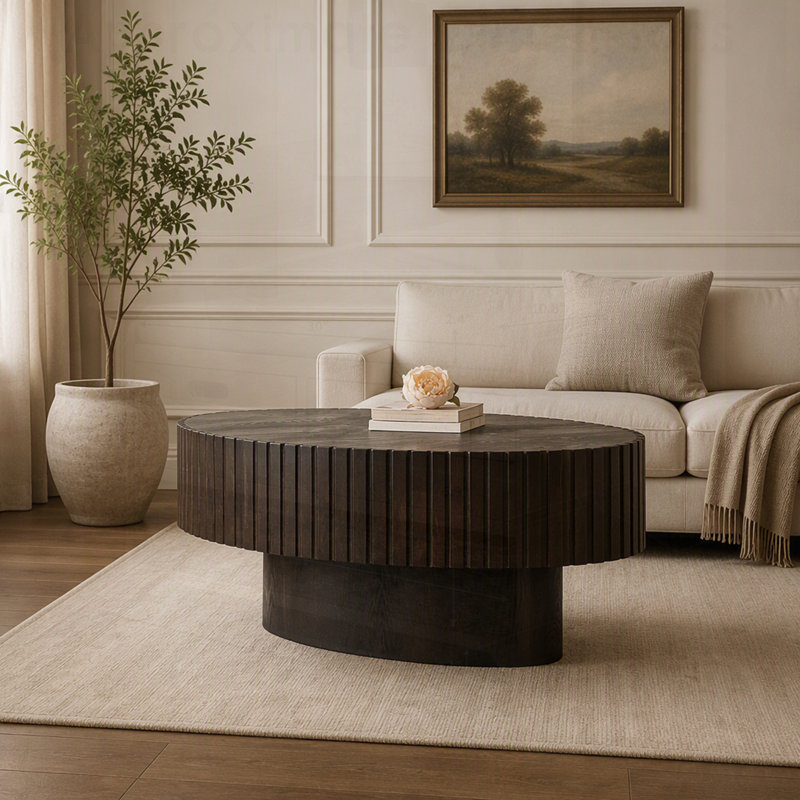 Table basse ovale avec motifs en relief faits à la main, base, design moderne fabriqué à la main pour les salons contemporains