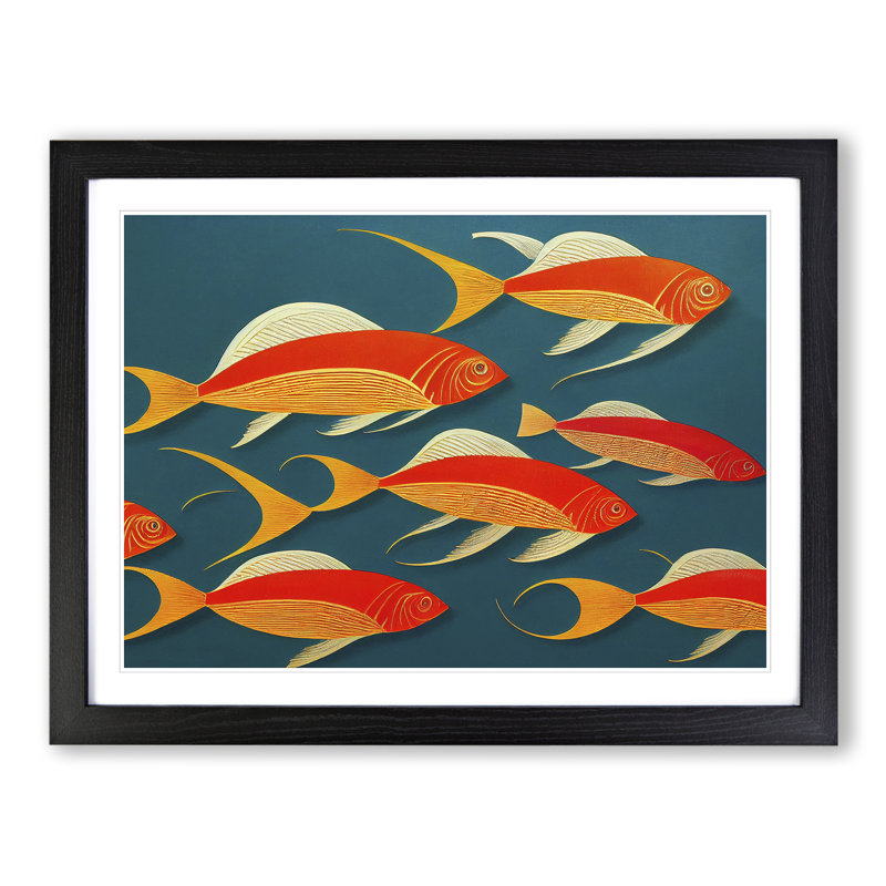 Art Deco Fish - Single Picture Frame Print, 46cm H x 64cm W , Black