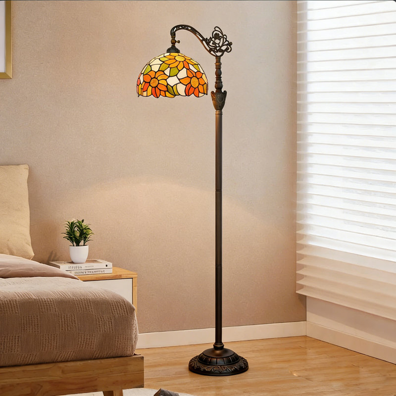 63"H Tiffany Style Floor Lamp with Stained Glass Shade and Resin Base, Sunflower Pattern