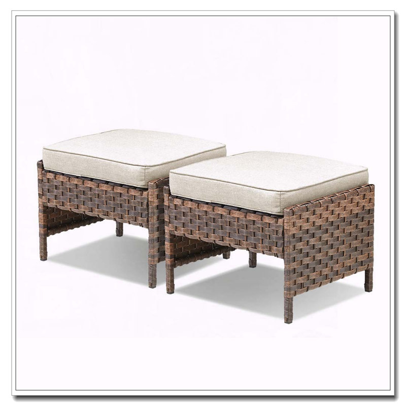 Ensemble de 2 repose-pieds d'extérieur en osier avec coussins moelleux, Beige
