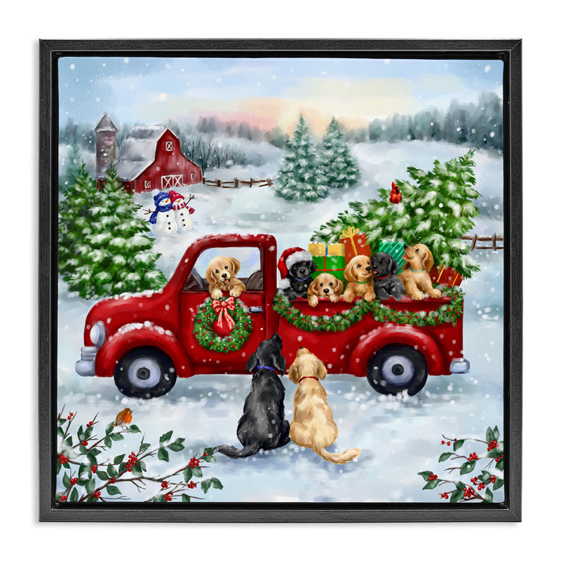 Art mural en toile «Holiday Truck & Tree» par Jean François, H 25 po x l 25 po, Cadre flottant noir de jais