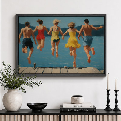 Vintage Summer Lake Jump Scene Artwork, Family Room Pictures, Framed Canvas Giclee Print Wall Art