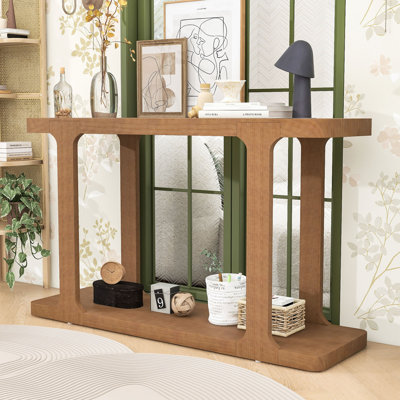 Console minimaliste de 50 pouces avec pieds en bois de pin massif, plateau arrondi épais, tablette inférieure ouverte et dispositif anti-basculement