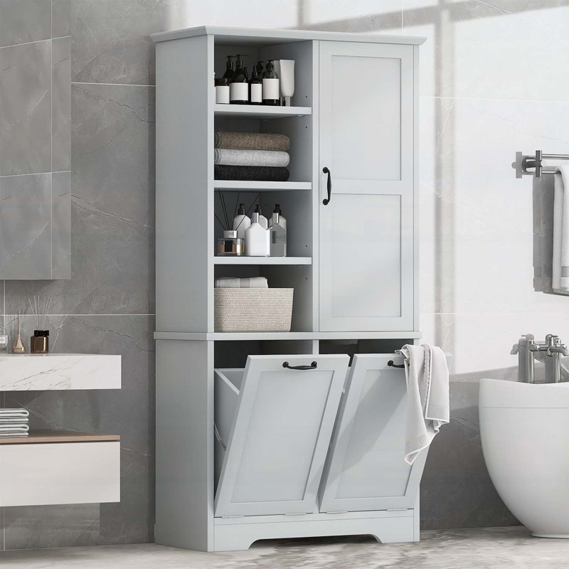 Armoire de rangement pour salle de bain avec portes, tiroirs, panier à linge inclinable et tablettes réglables, Gris