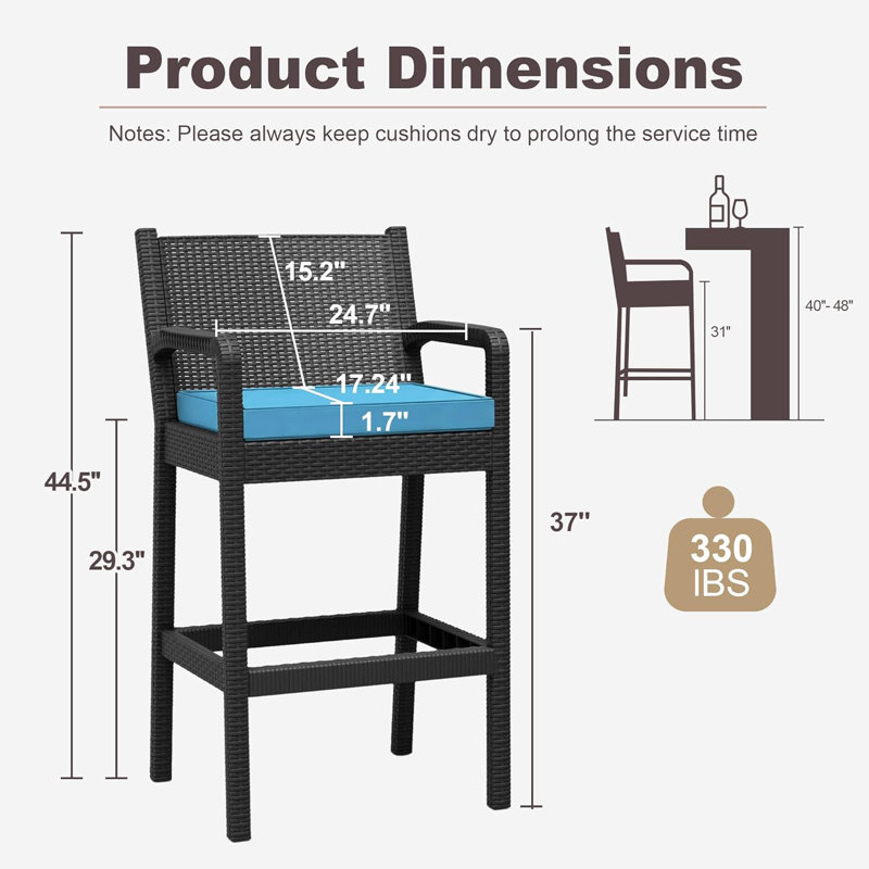 Outdoor Wicker Bar Stools Set of 2, 30 Inch Bar Height Patio Barstools with Thickened Cushions, All-Weather Wicker Rattan Bar Chairs with Backrest & Footrest for Backyard, Pool, Balcony, Blue