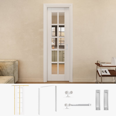 Porte de garde-robe coulissante en verre transparent 24 po x 80 po 10-Lite avec quincaillerie argentée et cadre / poignée de porte blanche