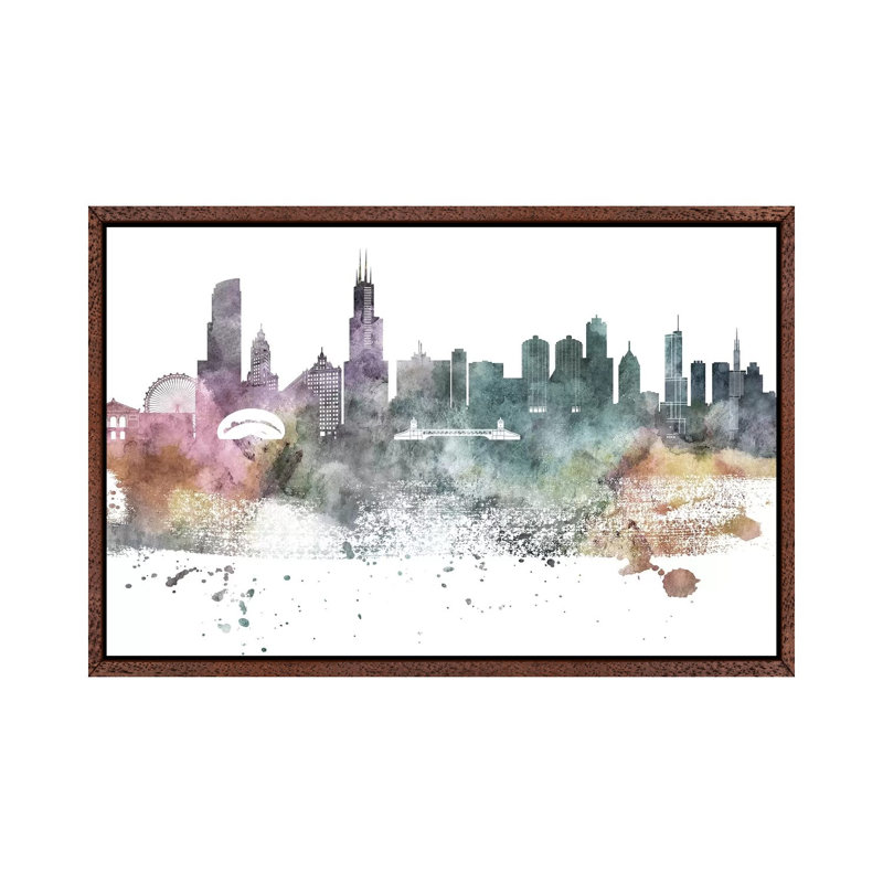 Chicago Pastel Skylines - Print on Canvas, 101.6 cm H x 66.04 cm W, Classic Brown Wood Framed