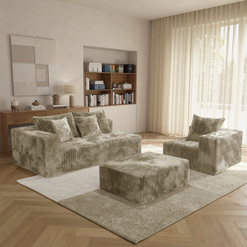 108" Oversized L-Shaped Boneless Modular Sectional Sofa Couch with Reversible Chaise and Ottoman, Corduroy Brown Beige