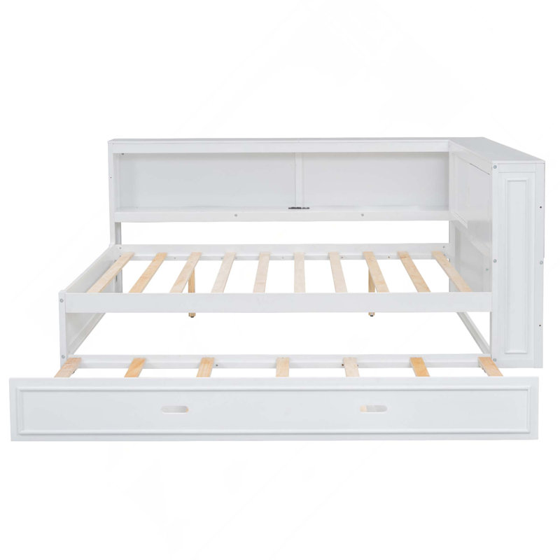 Lit de jour en bois avec tablettes de rangement, USB, DEL et lit gigogne, Blanc