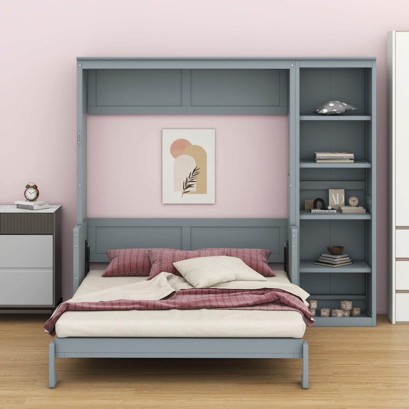 Lit escamotable avec bureau et bibliothèque intégrée Murphy, Gris, Lit double