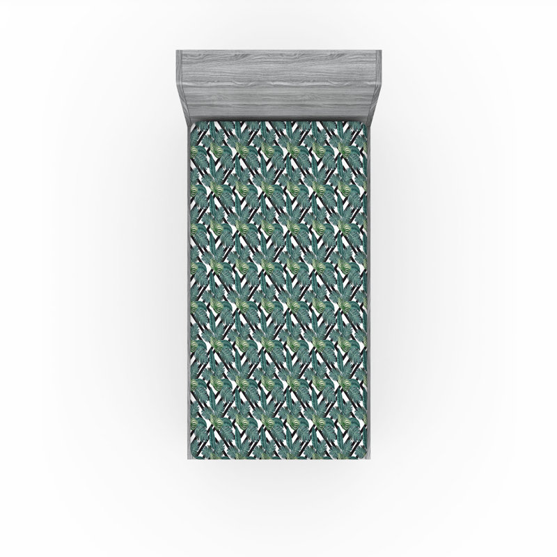 Ambesonne Nature Fitted Sheet Leaves Botanical Style Art, Twin XL Fitted Sheet, Gray/Teal/Black/White Floral
