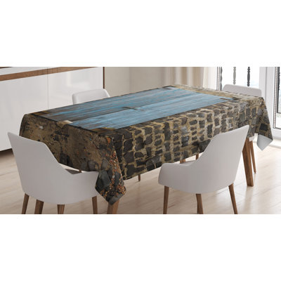 Ambesonne Rustic Tablecloth, Stone Wall Of Dated Closed Barn Gothic Medieval European Urban City Town Scenery, Rectangular Table Cover For Dining Room Kitchen Decor, 52" X 70", Blue Grey