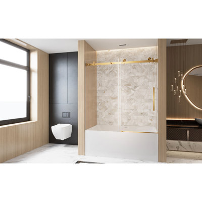 1/4" 6 Mm  Clear Tempered Glass Single Sliding Shower Door, 56 - 60"W X 60"H, Proof Film, Brushed Gold Stainless Steel Handle, Square Tube Track, American Style, Large Wheels For Quiet And Stable