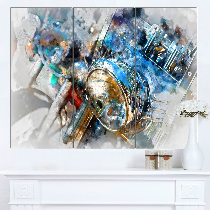 Motorcycle Headlight Watercolor Abstract Canvas Art in Wooden Frame