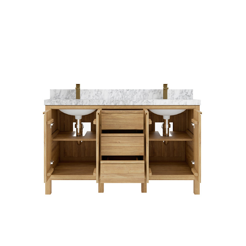 Ensemble de meuble-lavabo double 60 po Teak, Marbre de Carrare