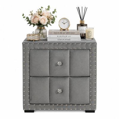2-Drawer Upholstered Nightstand With Nailhead Trim For Bedroom, No Assembly Required