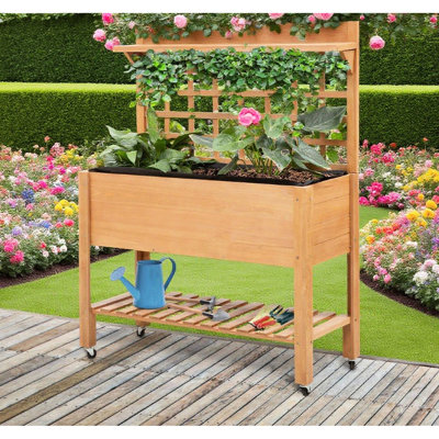 Lit à fleurs surélevé à 3 niveaux avec roulettes - Idéal pour faire pousser des plantes grasses dans le jardin et la cour, rangement pour outils de jardinage, mini drapeaux décoratifs sur la grille arrière, L 41,25 po x l 17,75 po x H 53,25 po