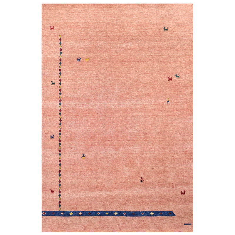 Tapis rose fait à la main 5 x 8 avec motif de chèvre et de fille