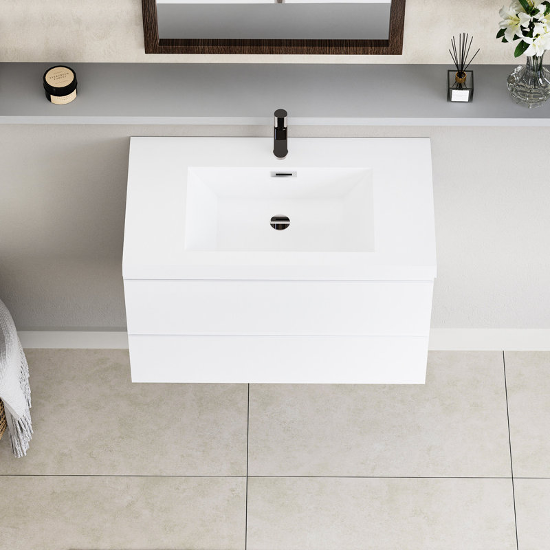 Meuble-lavabo 36 po avec tiroirs à fermeture en douceur, lavabo moderne en résine blanc brillant et lavabo flottant Graceful Aesthétique