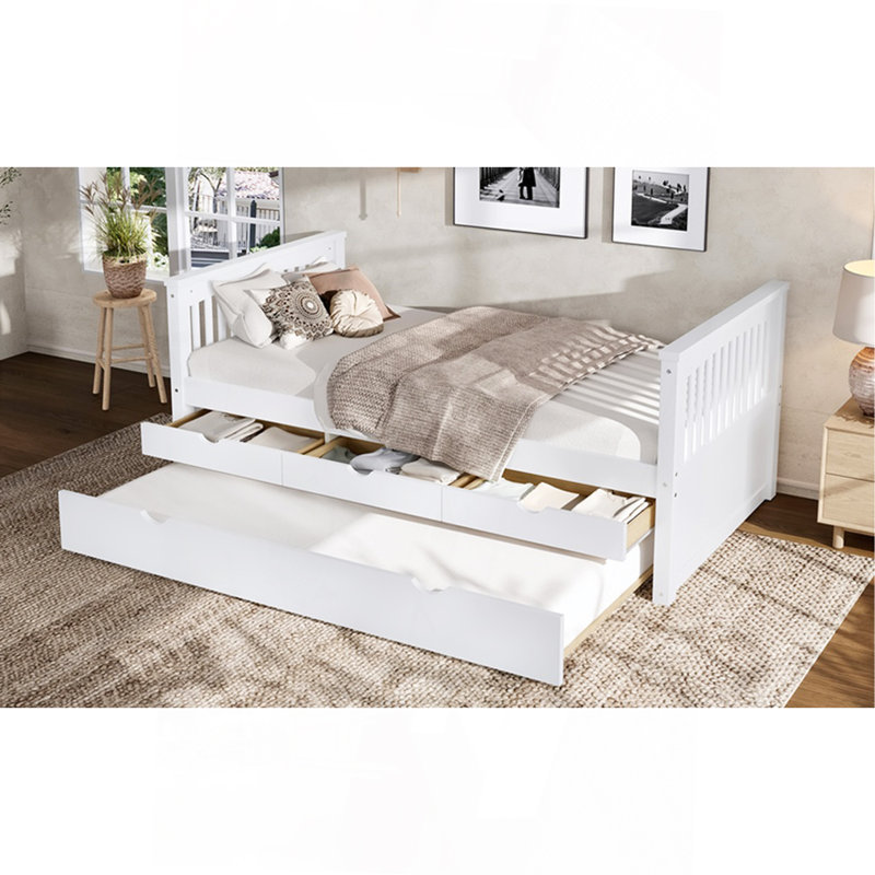 Lit plateforme simple avec tiroirs et lit gigogne, lit de jour en bois massif, sans sommier, blanc, Blanc cassé