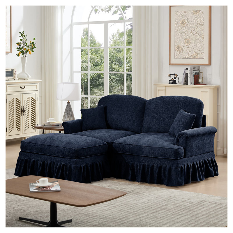 Élégant canapé modulaire en L en chenille bleue avec jupes détachables et pieds fuselés, Bleu, Bois brun foncé