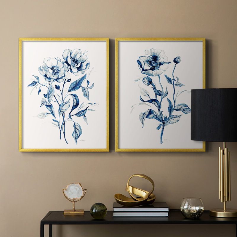 Indigo Wild Roses I-Premium Framed Print -Ready to Hang - No Nails Required - No Nails Required, Gold, 21" H x 34" W