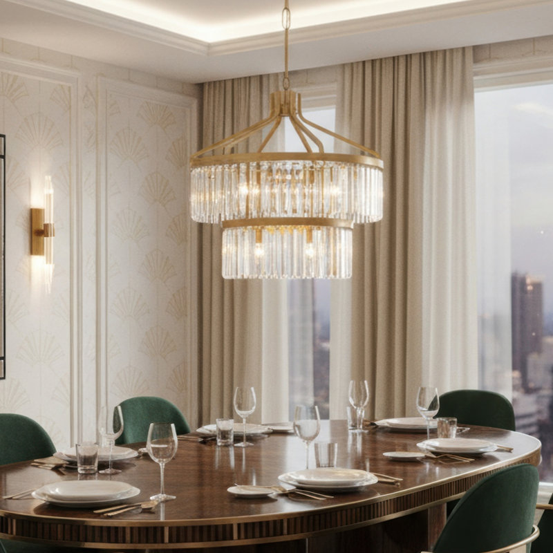Luminaire suspendu en cristal 2 niveaux Social Club - Havane doré - Dia. 23,25 po - 9 lumières