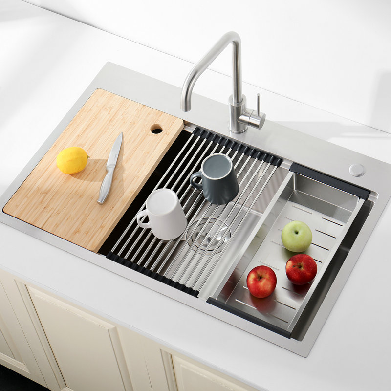 Évier de cuisine en acier inoxydable, simple cuve de 30 po x 22 po, lavabo sur pied fait à la main brossé, avec planche à découper, passoire