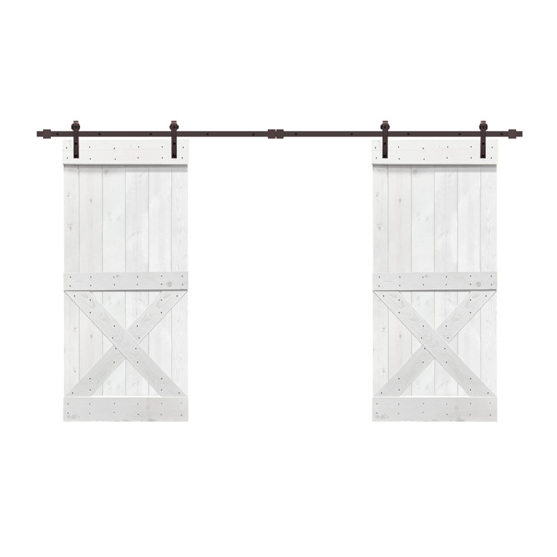 Porte de grange double à panneaux en bois et en métal avec trousse de quincaillerie d'installation Mini X Series, Blanc