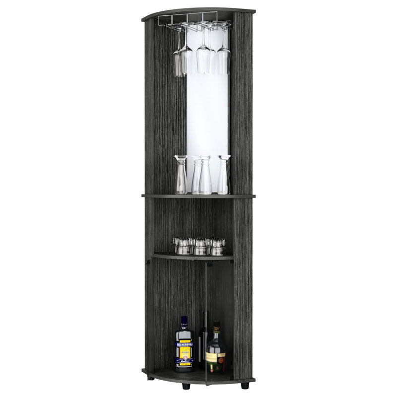 Oak Bar Cabinet With 3 Shelf, Twin Glass Doors, And Compact Design Shelf In For Drinks Arrangement, Doors