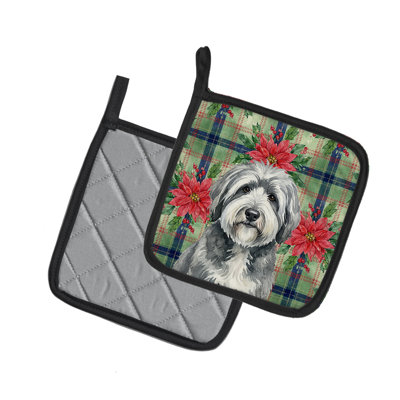 Gray and White Old English Sheepdog Christmas Poinsettas Pair of Pot Holders