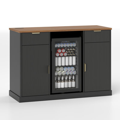55" Large Coffee Bar Cabinet With Fridge Included, Mini Bar Cabinet With Power Outlets, Fluted Buffet Sideboard, Black