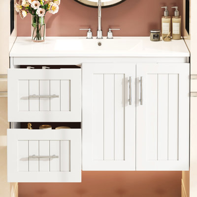 Armoire de rangement murale flottante pour salle de bain de 36 pouces avec meuble-lavabo et lavabo en céramique, bois massif, charnières à fermeture en douceur, tablette réglable, intérieur spacieux, armoire moderne, 2 tiroirs, simple