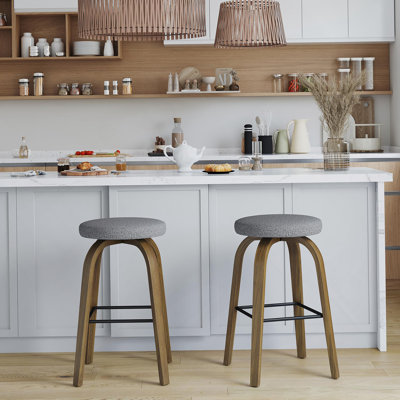 Ensemble de 2 tabourets pivotants, tabouret de bar de 30 po sans dossier, siège rembourré en tissu, pieds robustes en bois et repose-pieds en métal, tabourets insulaires modernes de style Mid-Century pour bars à domicile, restaurants, gris