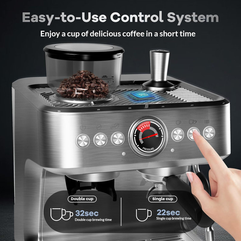 Machine à espresso semi-automatique avec moulin, 20 bars professionnels avec 30 réglages de broyage et buse à vapeur, réservoir d'eau amovible de 2,8 l, machines à expresso / café au lait / cappuccino