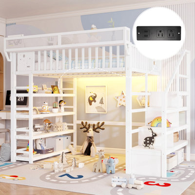 Lit mezzanine double avec support de rangement à 4 tablettes et station de charge, lit mezzanine double en métal avec rangement pour escaliers pour enfants adolescents, produits brevetés, blanc