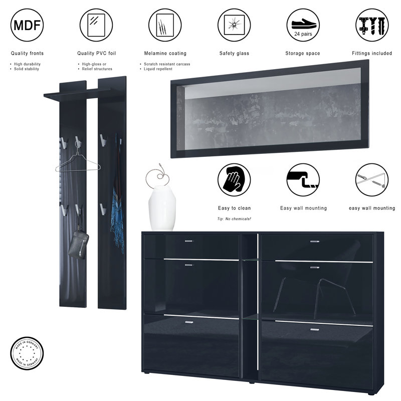 Orlando 215 cm W Hallway Set with Shoe Storage, Black High Gloss/Black