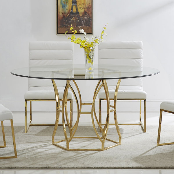  TehRecBT Modern Glass Dining Table Round Dining Room Table  with Tempered Glass Top, Gold Stainless Steel Base Home Office Kitchen  Dining Room Table Furniture, 36 D x 36 W x
