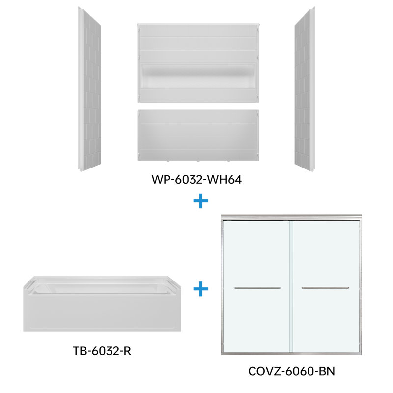 WOODBRIDGE 60" x 32" Alcove Soaking Bathtub and 4-Piece Direct-to-Stud Surround with Right Drain, including 56–60" Double Sliding Tub Door, Clear Tempered Glass in Brushed Nickel Finish
