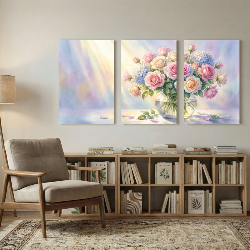 Plantes et fleurs roses dans un vase avec des rayons de lumière, ensemble de 3 impressions sur toile, H 30 po x l 60 po