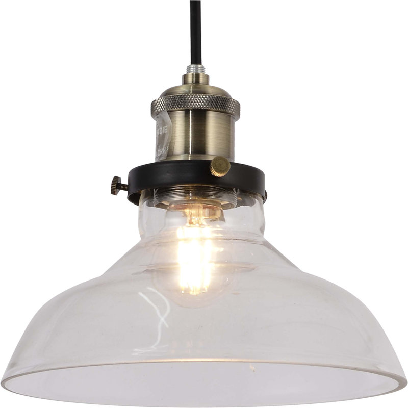 1-Light Black and Antique Brass Single Island Pendant Light with Clear Glass Dome Shade