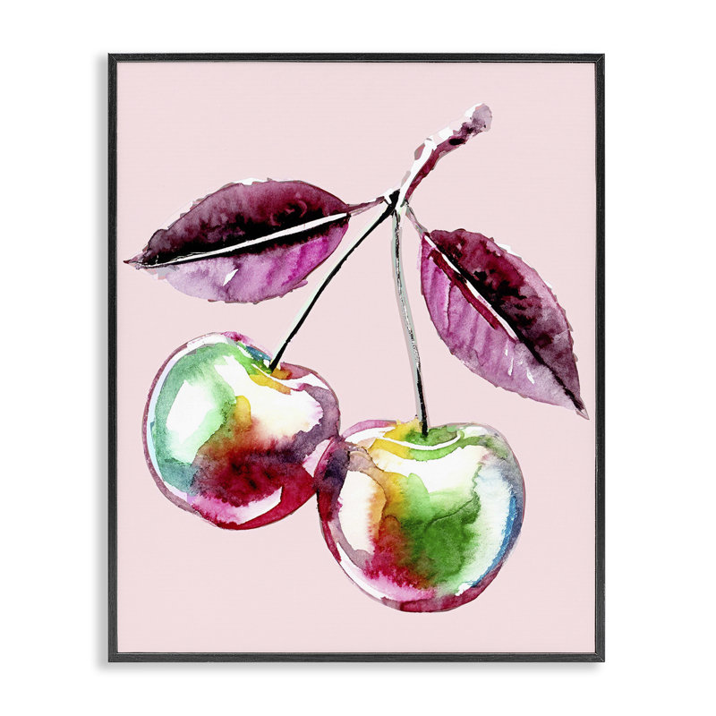 Cerise chromatique sur giclée rose encadrée, design par Lil 'Rue, H 14 po x l 11 po, Giclée encadrée noir minuit