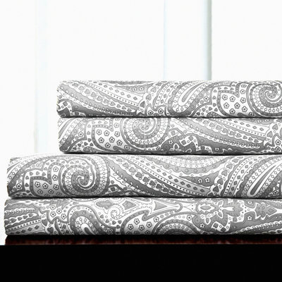 BreathableLuxury Full Size Sheet Set with Secure Corner Straps - Supreme Soft Deep Pocket Bedding in Paisley Gray - 1800 Thread Count Full Elastic